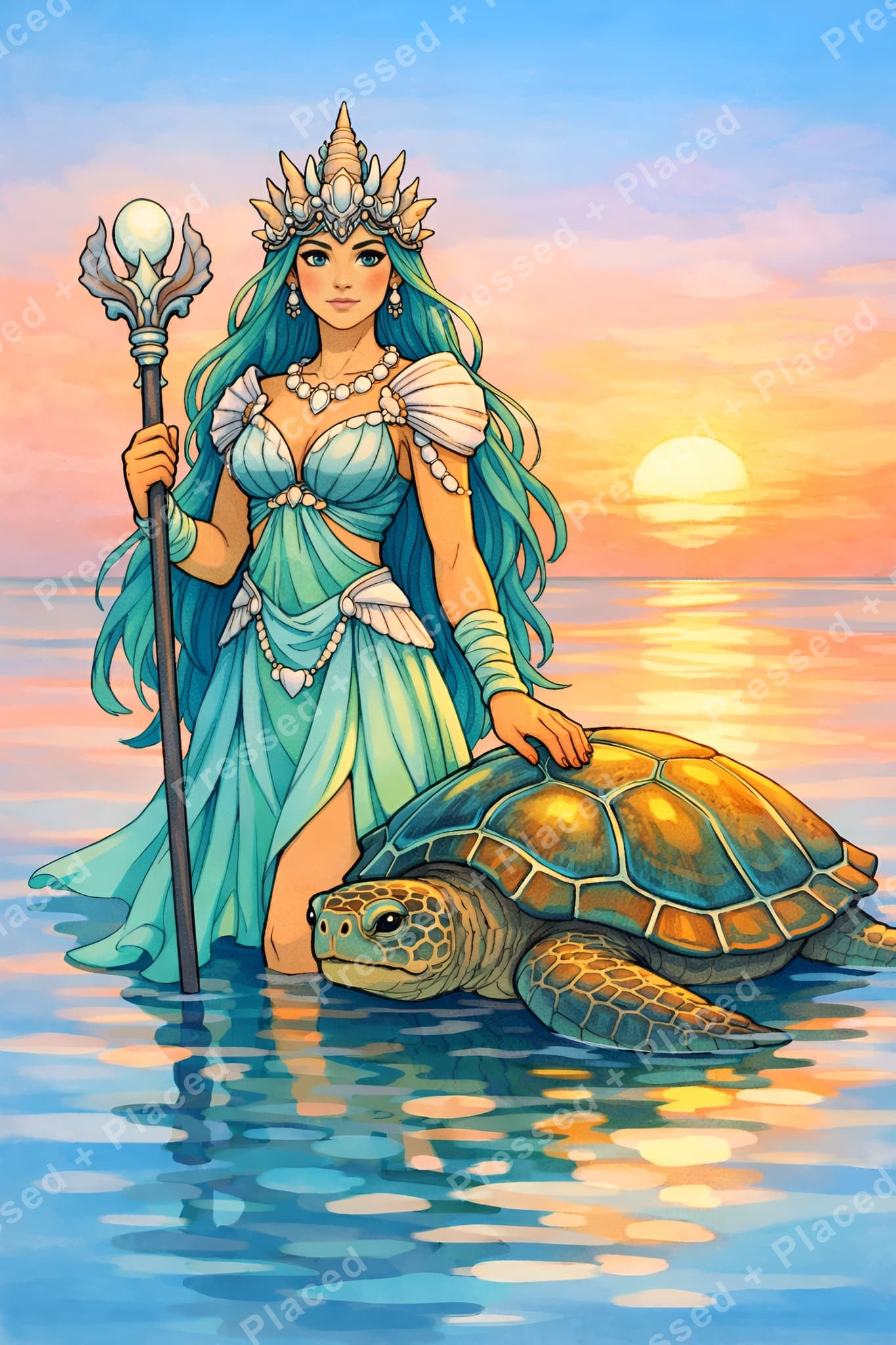 Fantasy mermaid queen with sea turtle in a glowing sunset ocean scene