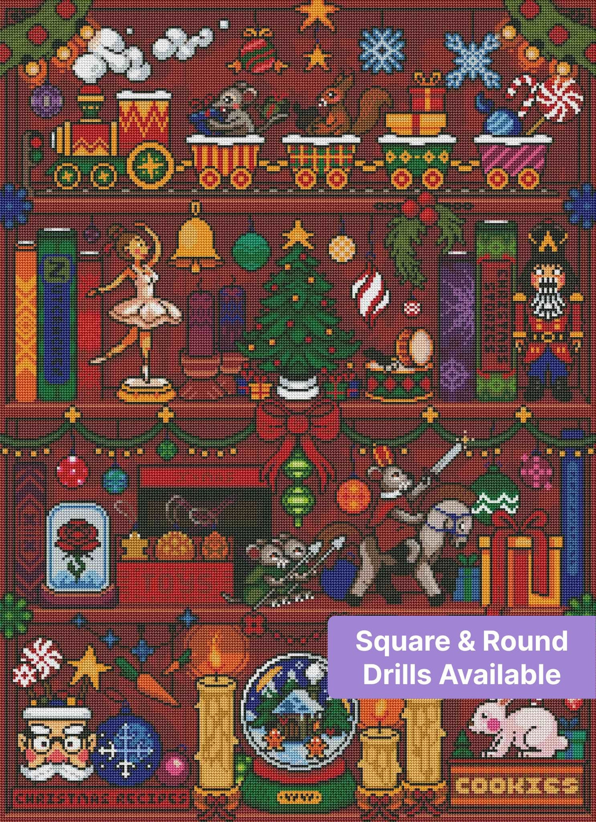 Christmas pixel art shelf scene with ornaments, toys, candles, and festive holiday decorations