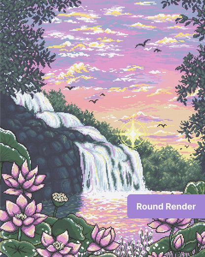 Pastel sunset waterfall scene with lotus flowers, birds, and lush tropical foliage