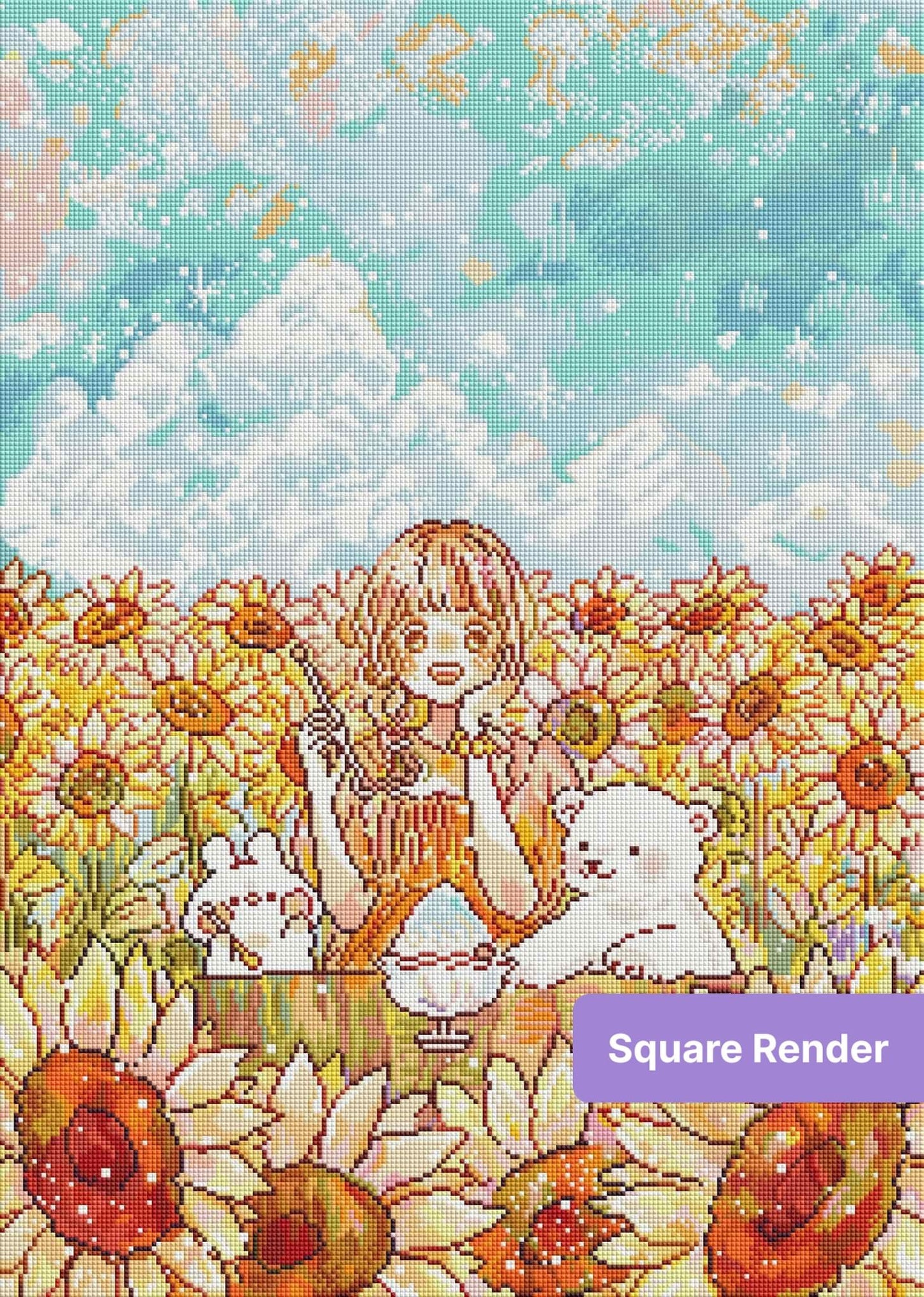 Whimsical girl in a sunflower field with bears, pastel sky, and storybook style