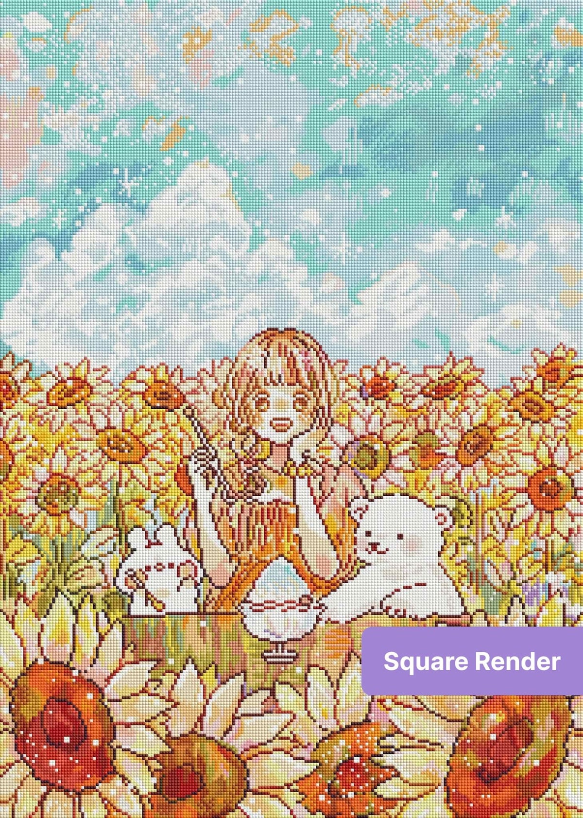 Whimsical girl in a sunflower field with bears, pastel sky, and storybook style