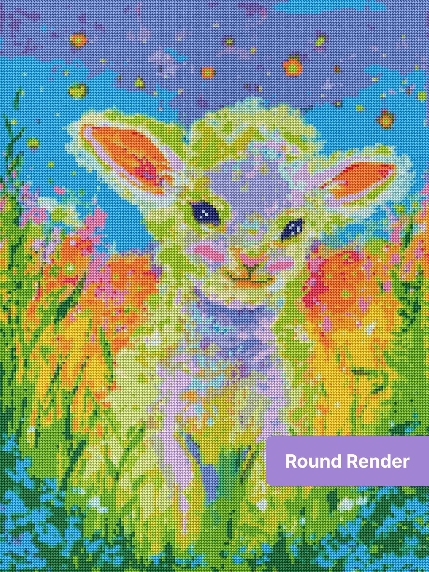 Colorful lamb in a vibrant meadow with glowing flowers and a dreamy twilight sky