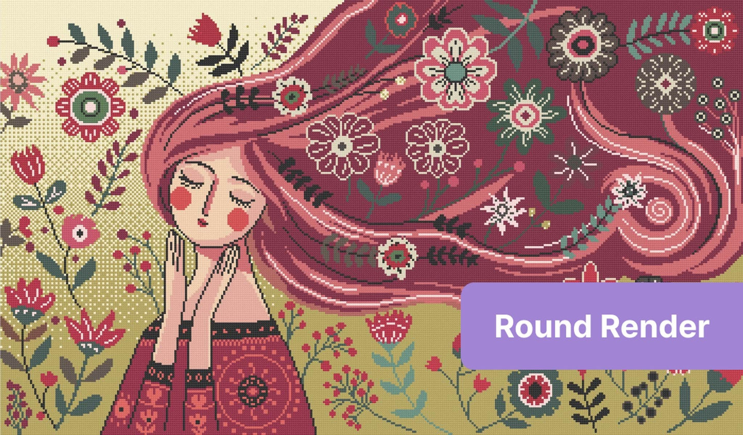 Whimsical girl with flowing red hair surrounded by colorful folk art flowers