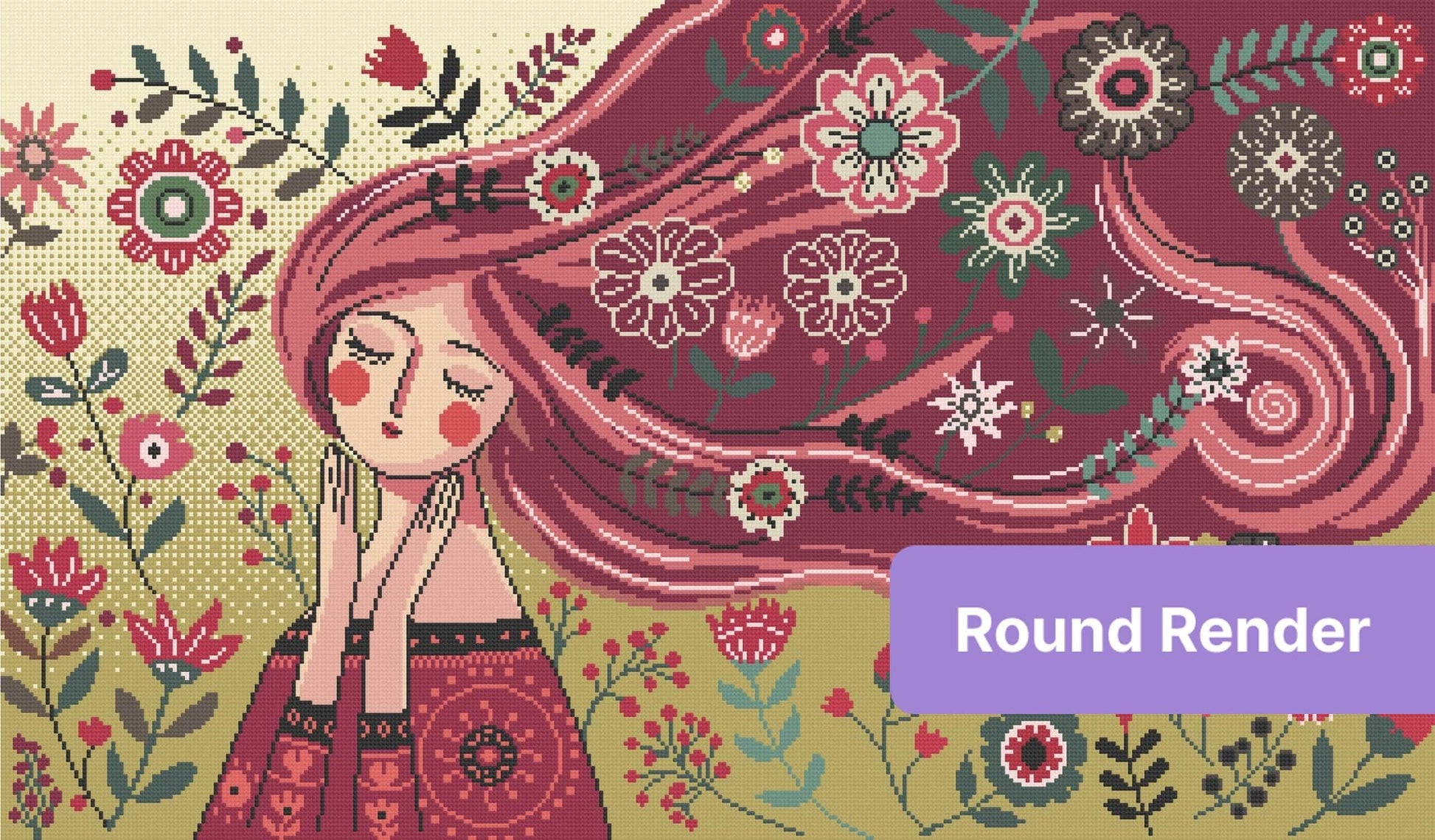 Whimsical girl with flowing red hair surrounded by colorful folk art flowers