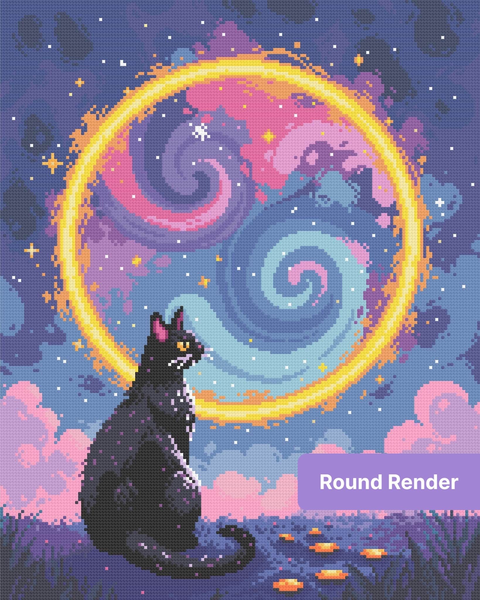 Black cat sitting under glowing rainbow moon portal in a dreamy fantasy sky