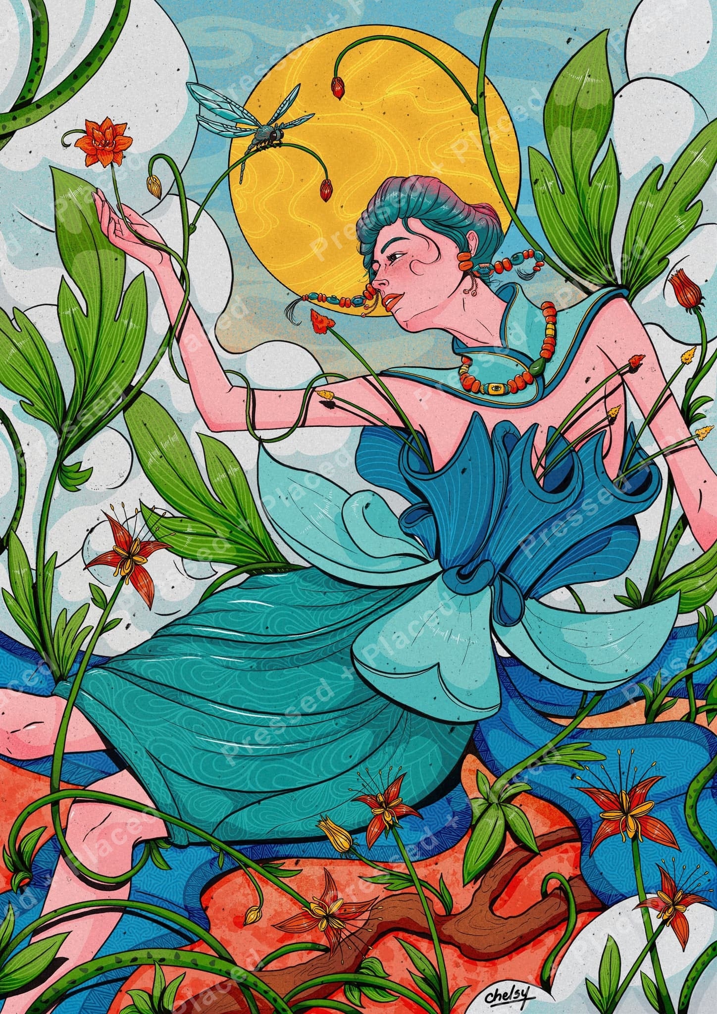 Fantasy floral woman in teal dress with lush leaves, dragonfly, and glowing sun