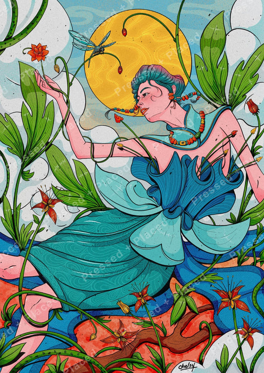 Fantasy floral woman in teal dress with lush leaves, dragonfly, and glowing sun