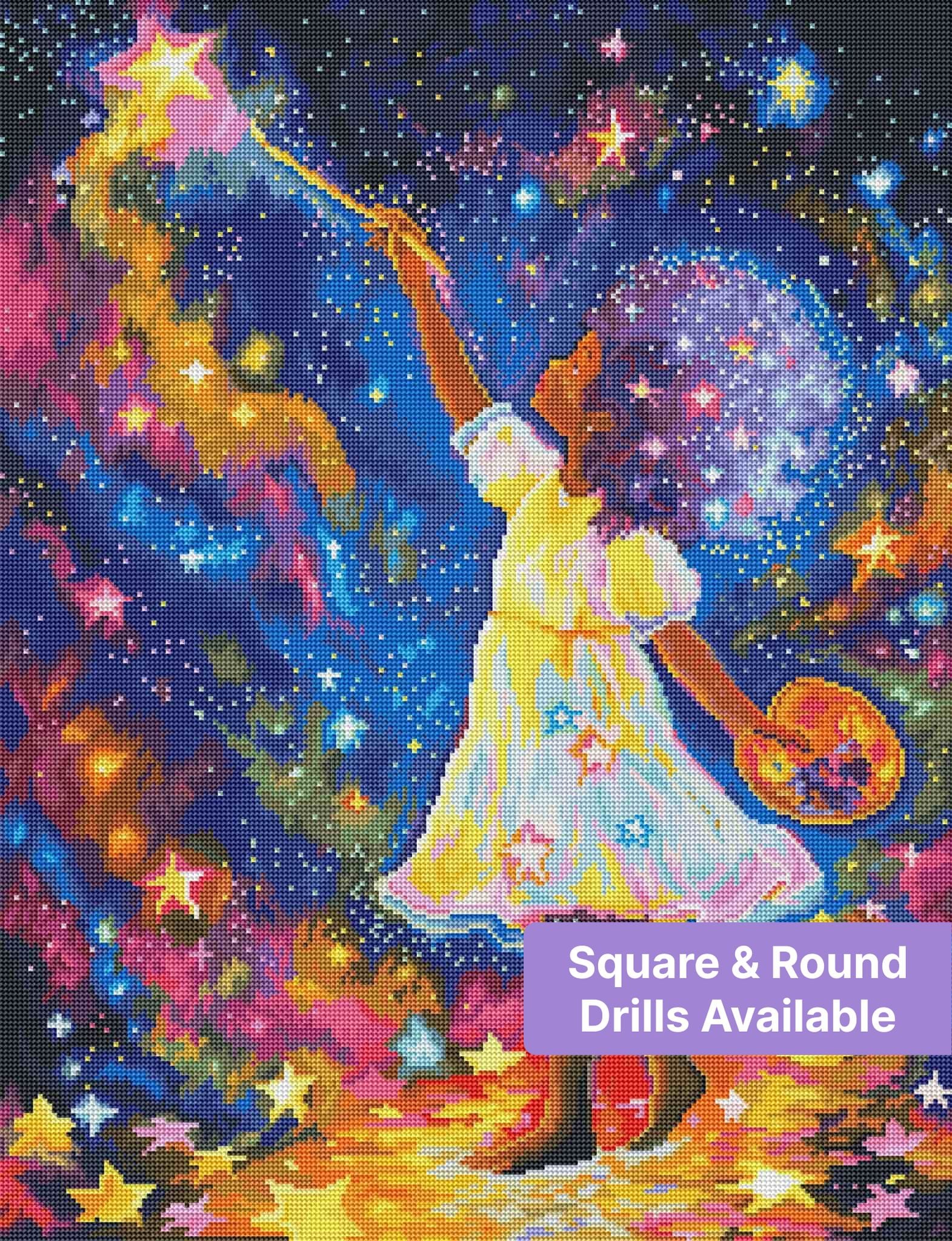 Fantasy girl in a glowing dress reaching for stars with a wand in a colorful cosmic sky
