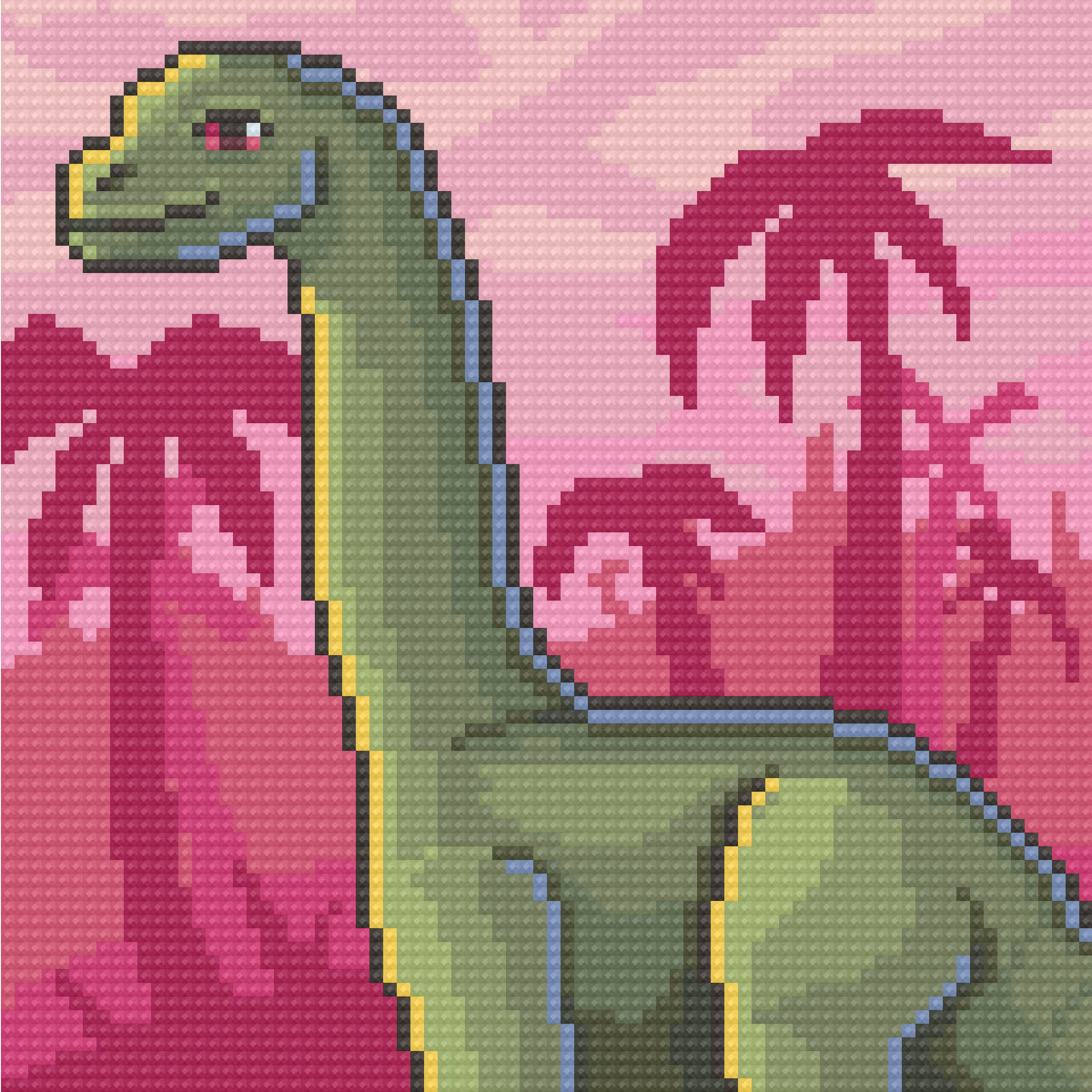 Four colorful pixel-style dinosaur diamond paintings with bold retro backgrounds