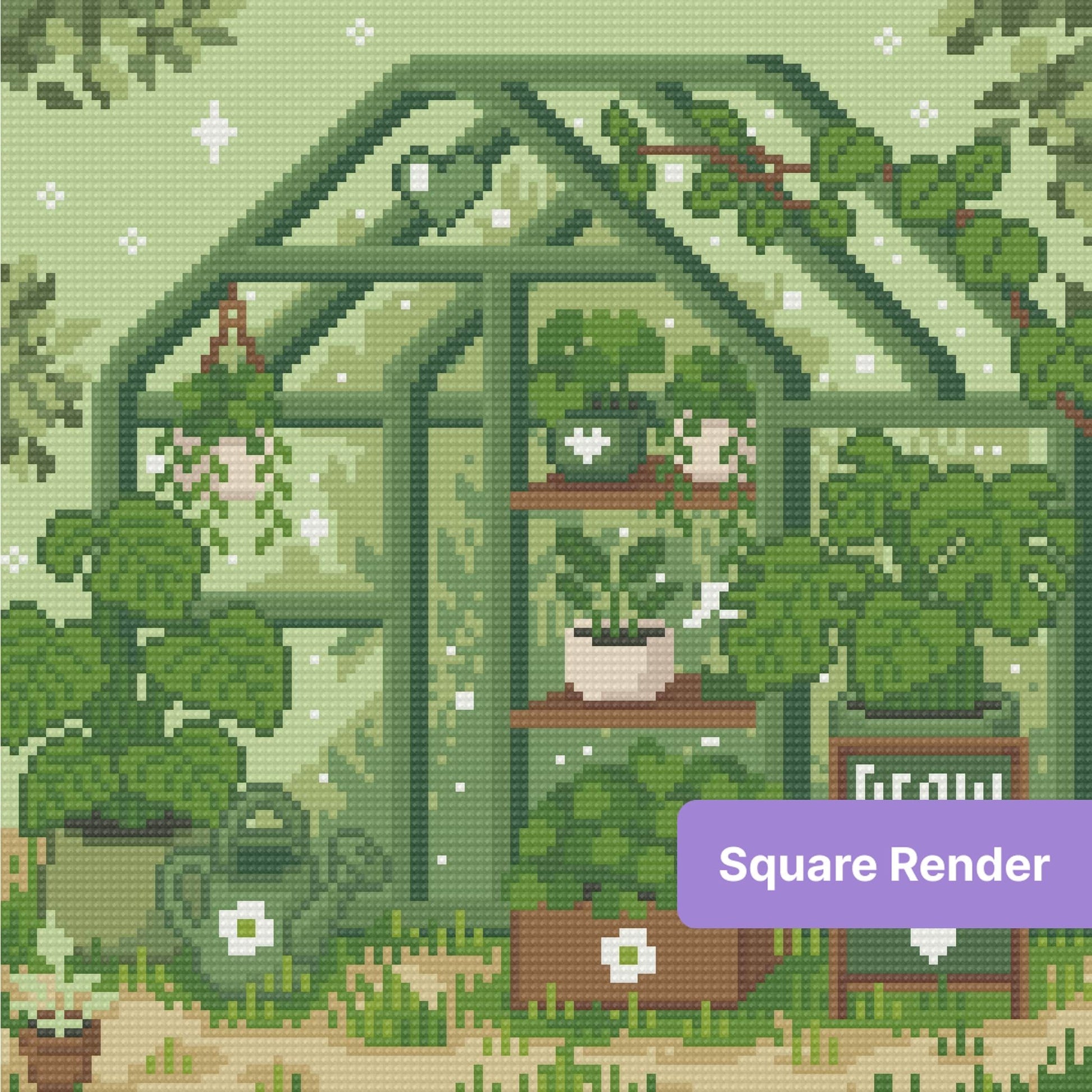 Pixel-style greenhouse garden with potted plants, hanging vines, and soft green tones