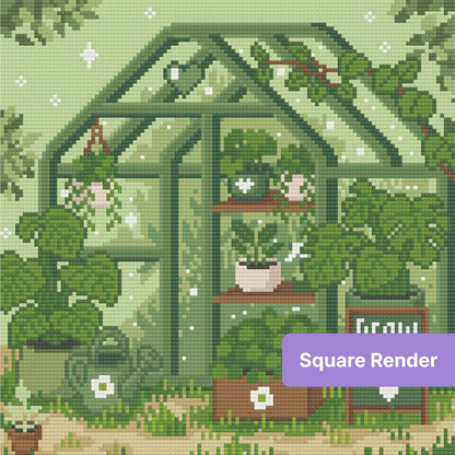 Pixel-style greenhouse garden with potted plants, hanging vines, and soft green tones