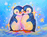 Two cute baby penguins cuddling in a pastel fantasy style with sparkling stars
