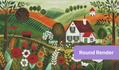 Whimsical countryside cottage with rolling hills, wildflowers, and red-roofed houses