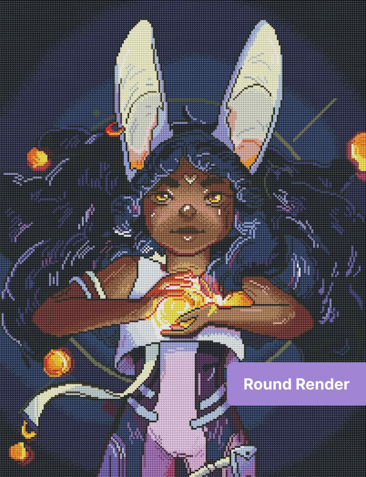 Fantasy bunny girl with glowing orb, dark curls, and tall rabbit ears in mystical style
