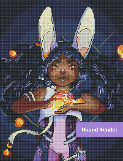 Fantasy bunny girl with glowing orb, dark curls, and tall rabbit ears in mystical style