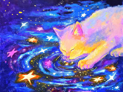 Colorful cosmic cat with stars and swirling galaxy background in fantasy style