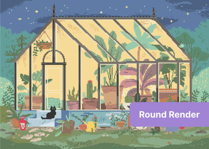 Illustrated greenhouse garden with potted plants, a black cat, and a warm nighttime glow