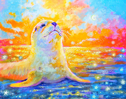 Colorful seal illustration with rainbow ocean tones and a dreamy sunset sky