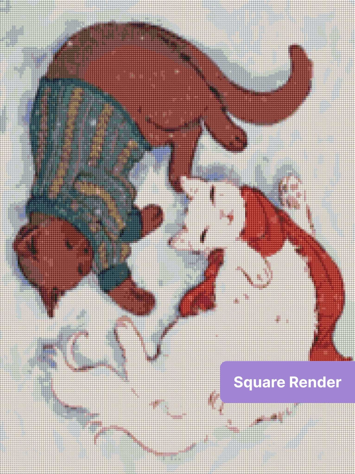 Cartoon cat and dog cuddling in winter clothes with soft snowy pastel background