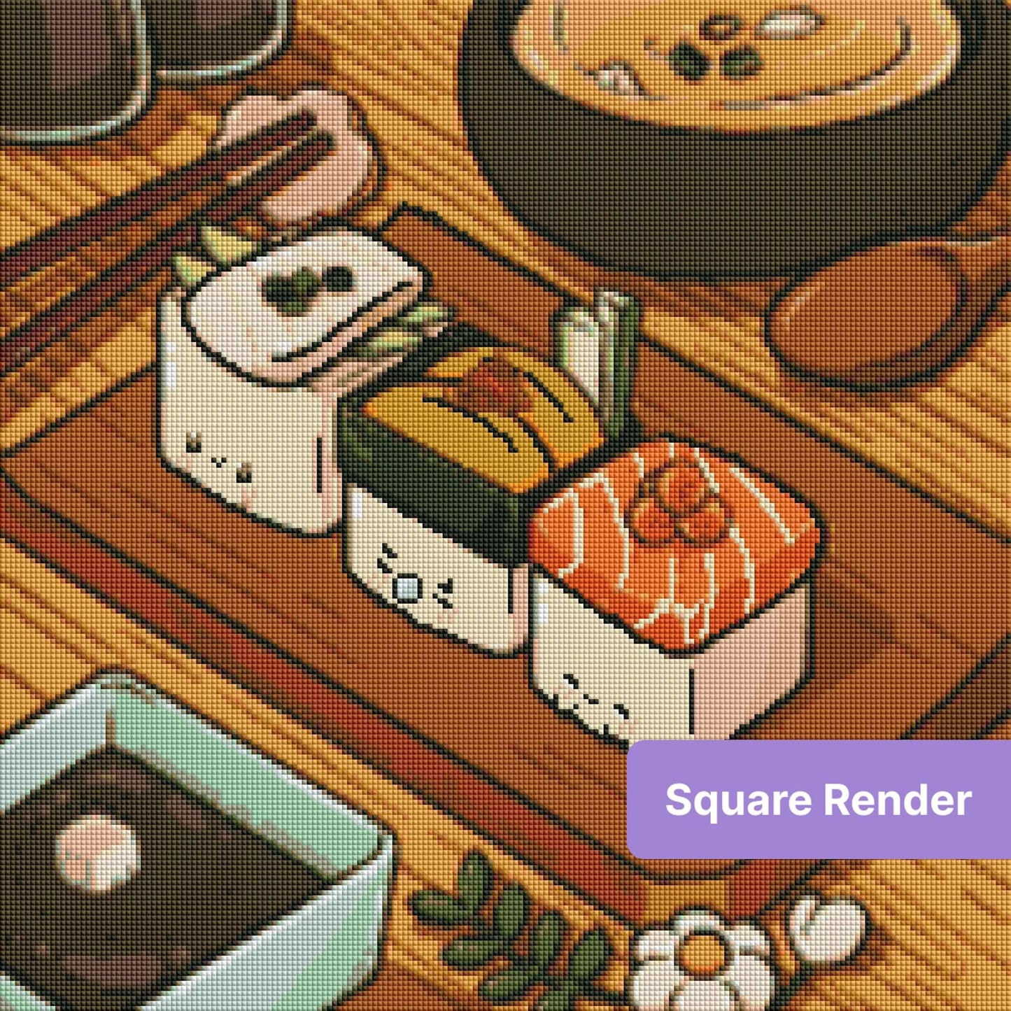 Cute kawaii sushi art with smiling rolls, warm wood table, and Japanese food details