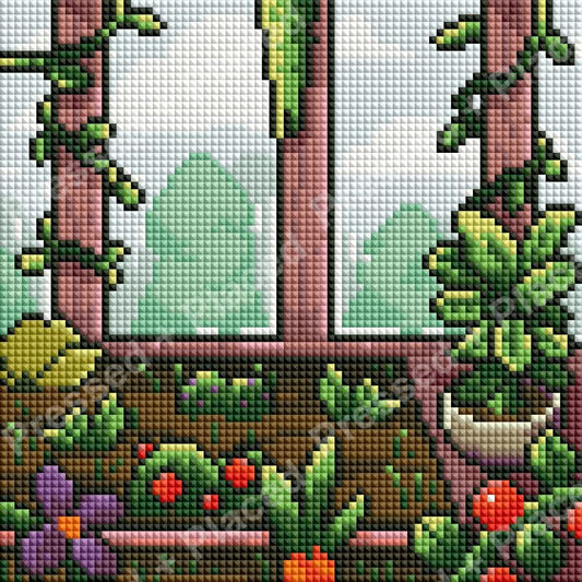Diamond painting kit of a window garden with climbing vines and colorful potted plants
