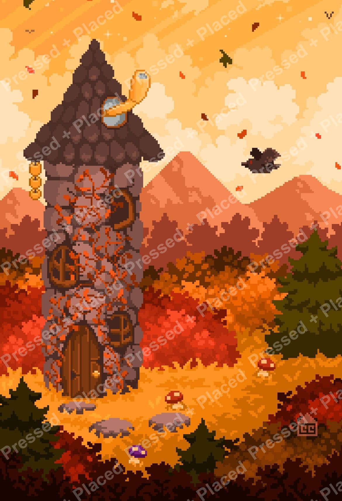 Pixel art forest tower surrounded by vivid autumn trees and warm mountain scenery