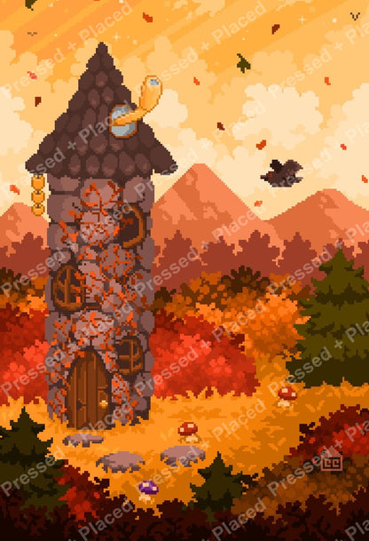 Pixel art forest tower surrounded by vivid autumn trees and warm mountain scenery