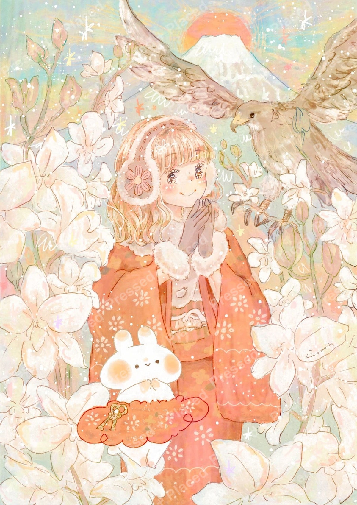Anime girl in pastel flowers with eagle and mountain sunset fantasy art