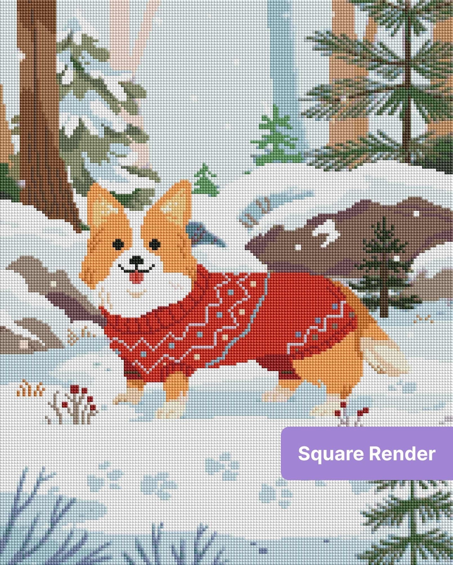 Cute corgi in a red sweater standing in a snowy pine forest, whimsical winter illustration