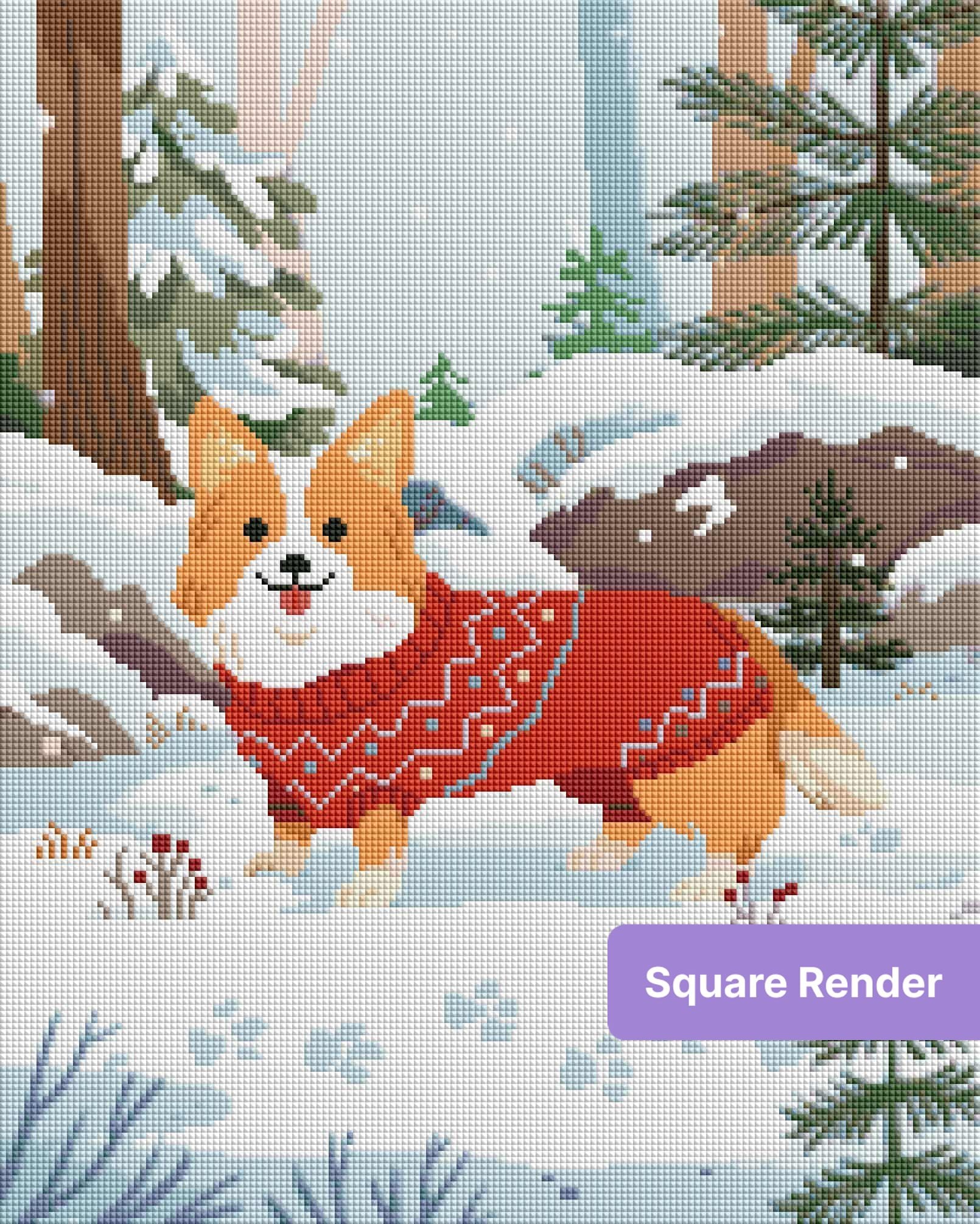 Cute corgi in a red sweater standing in a snowy pine forest, whimsical winter illustration