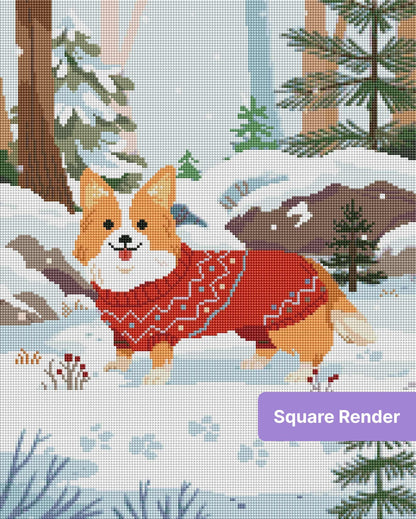 Cute corgi in a red sweater standing in a snowy pine forest, whimsical winter illustration