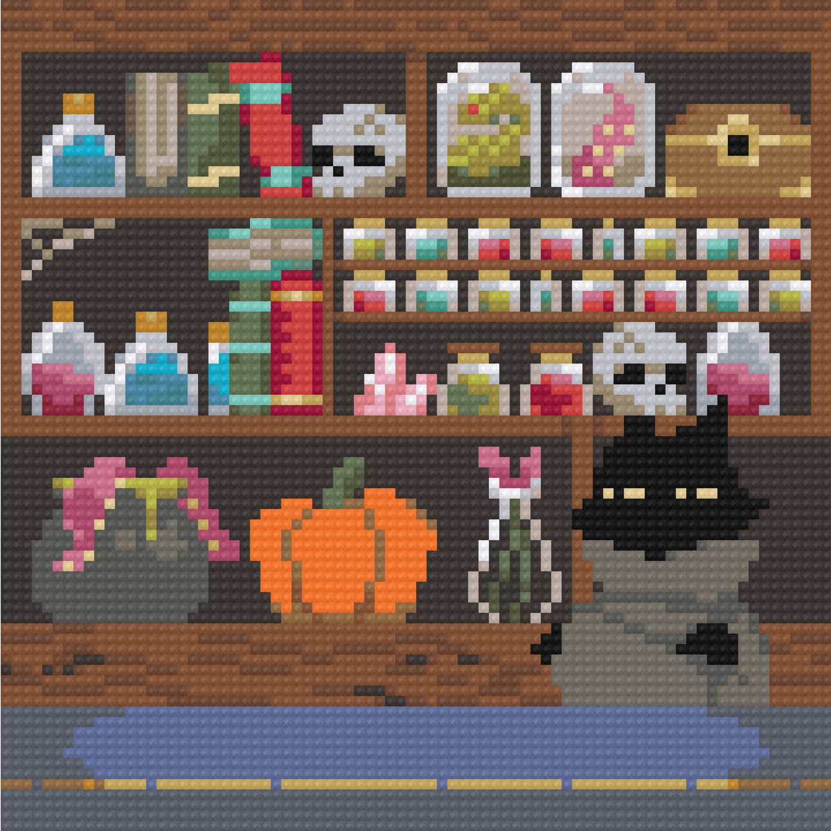 Four fantasy apothecary diamond art scenes with potion bottles, shelves, pumpkins, and magical decor