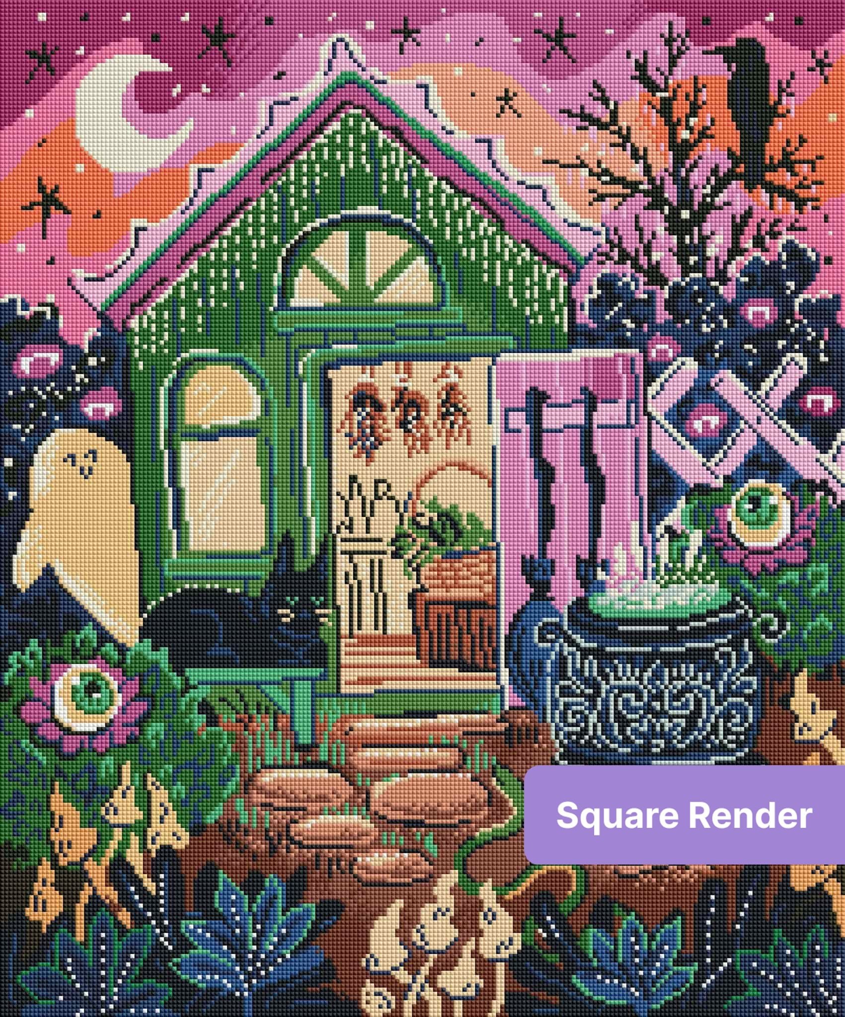 Whimsical cottage garden with moon, flowers, and dark fantasy-style decorative details