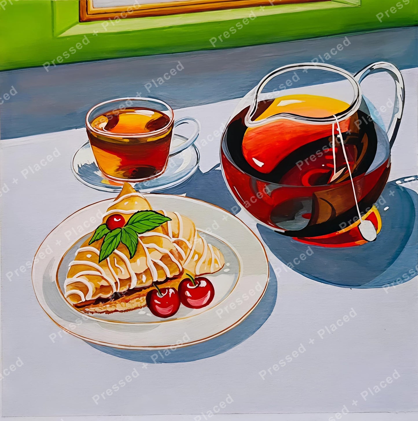 Still life of tea, teapot, and dessert with cherries in a vibrant painted style