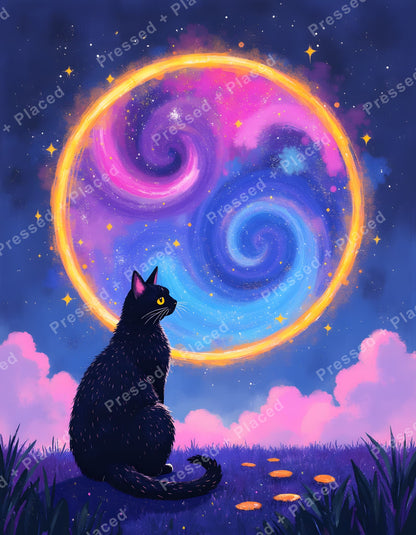 Black cat sitting beneath a glowing cosmic portal with swirling purple, pink, and blue clouds