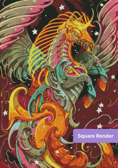 Colorful phoenix dragon with ornate wings and glowing details on a burgundy background