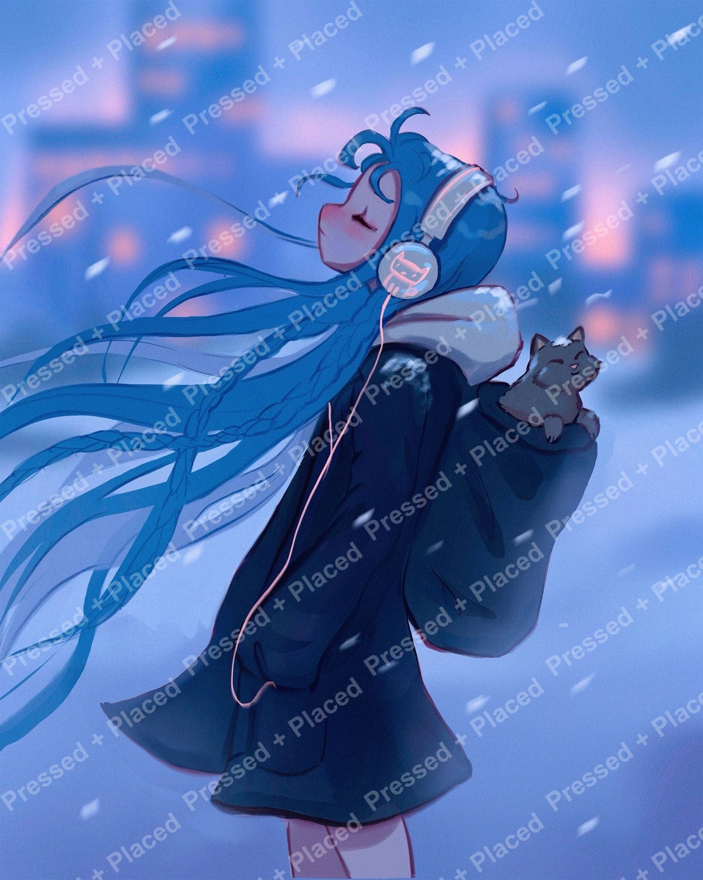 Anime-style girl with flowing blue hair, headphones, and a small cat in a snowy blue scene