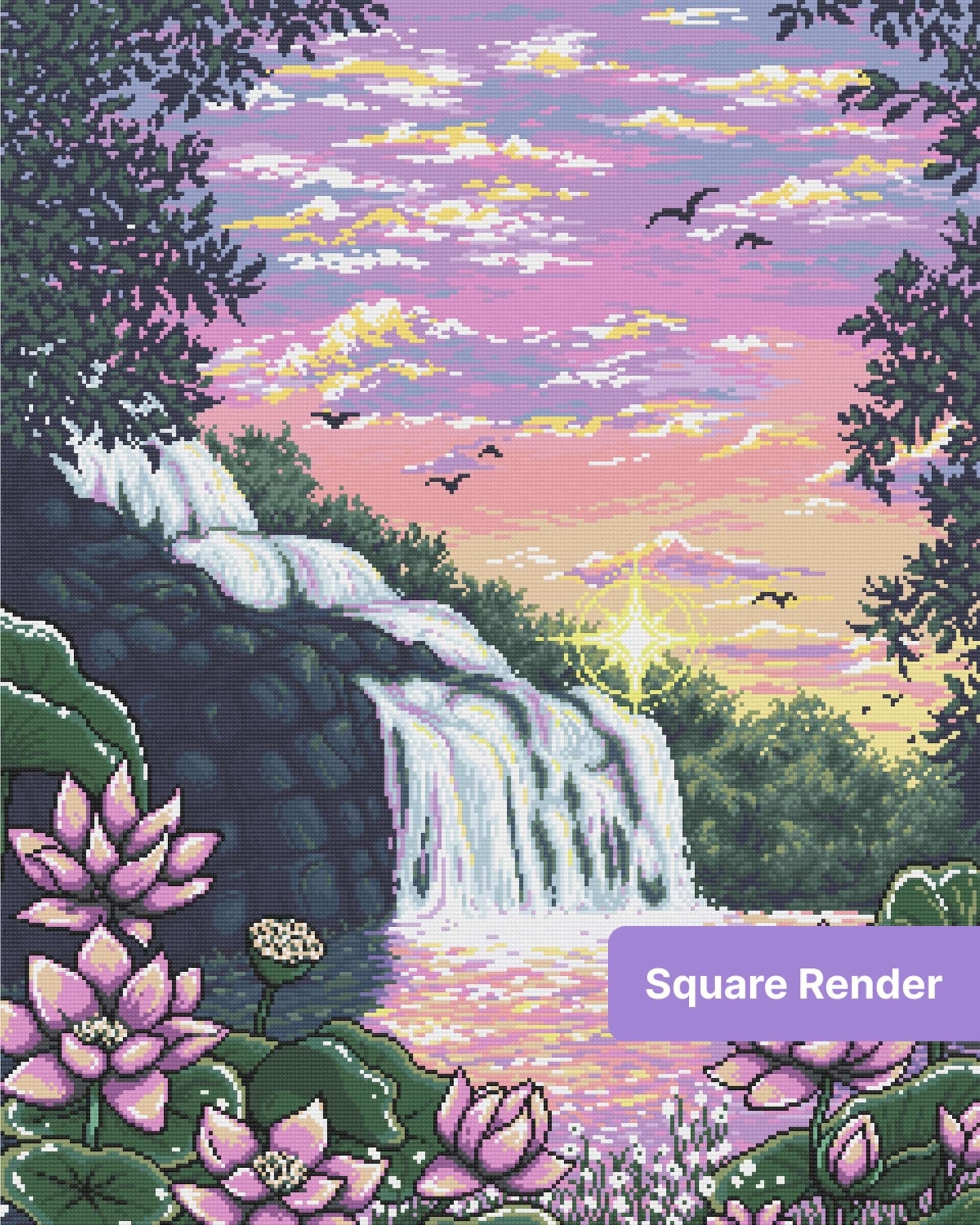 Pastel sunset waterfall scene with lotus flowers, birds, and lush tropical foliage