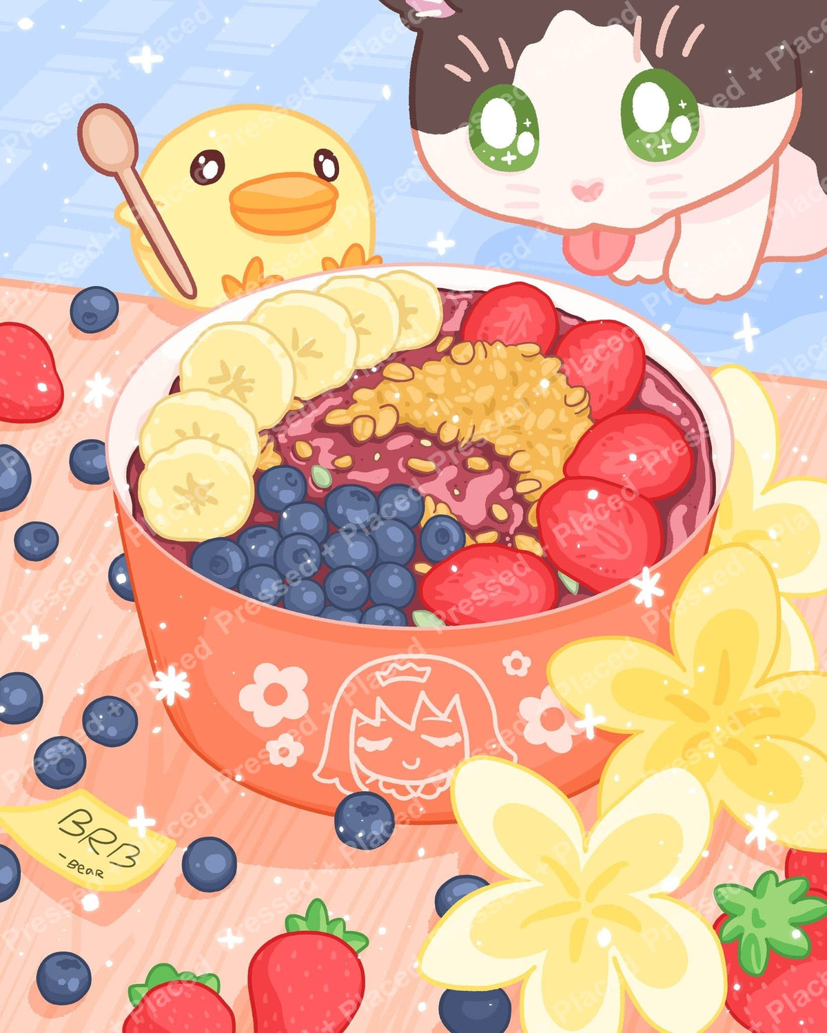 Cute kawaii cat and chick with colorful berry breakfast bowl in pastel style