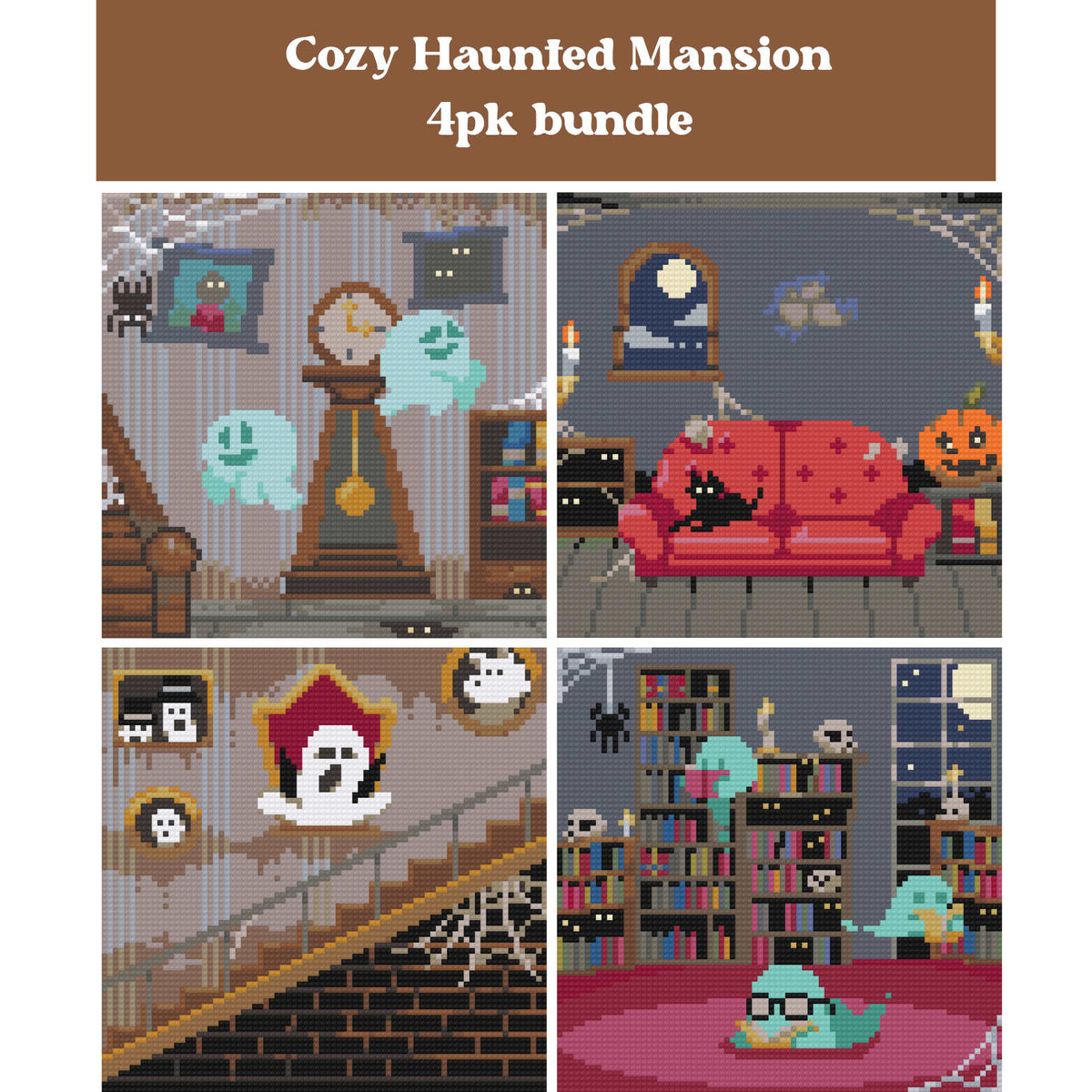 Four cozy haunted mansion diamond painting scenes with ghosts, bats, pumpkins, and Halloween interiors
