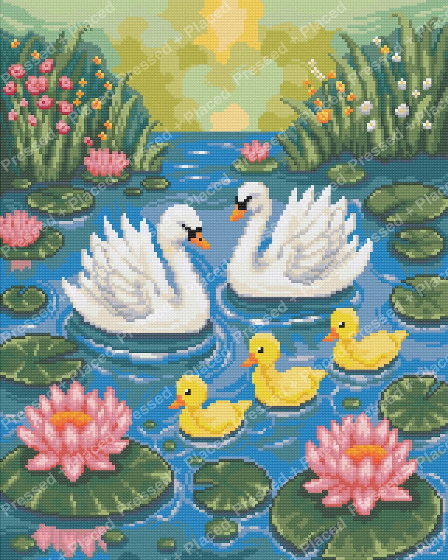 Swan family with ducklings on a lily pond in colorful mosaic style