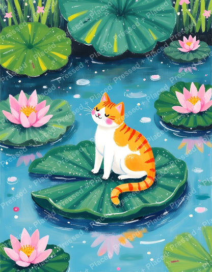 Orange-and-white cat sitting on a lily pad among pink lotus flowers in a whimsical pond scene