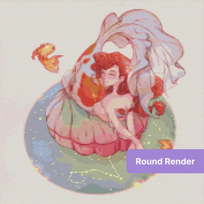 Mermaid girl with flowing fins and goldfish in soft pastel fantasy style