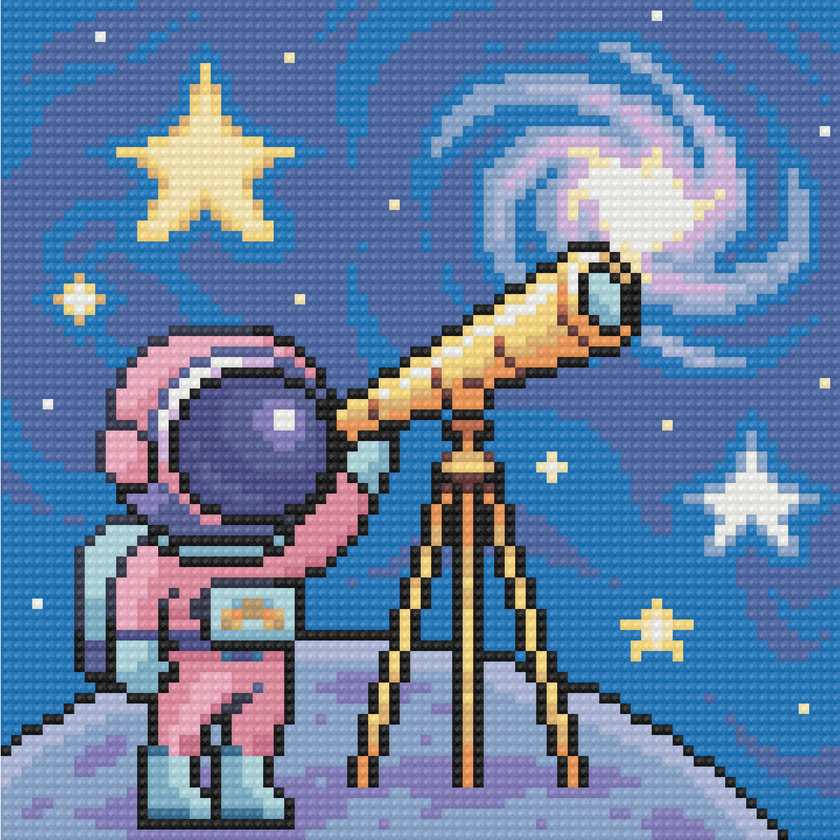 Four cute galaxy-themed diamond painting designs with astronauts, a rocket cat, and a cosmic café