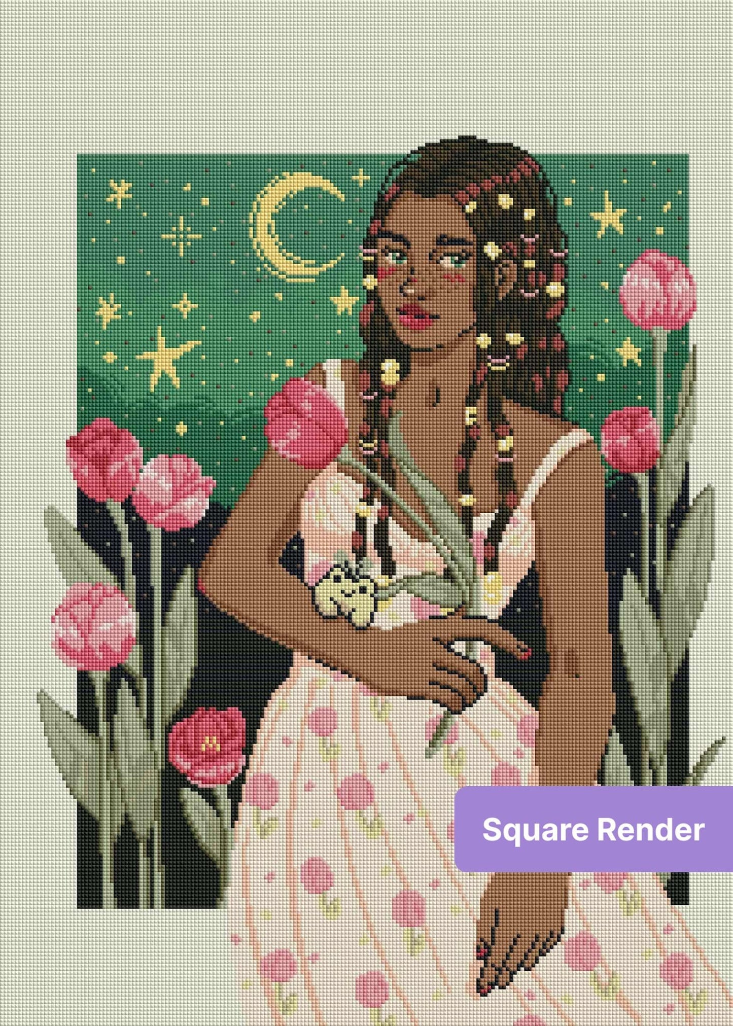 Illustrated girl in floral dress with braids, pink tulips, and starry night background