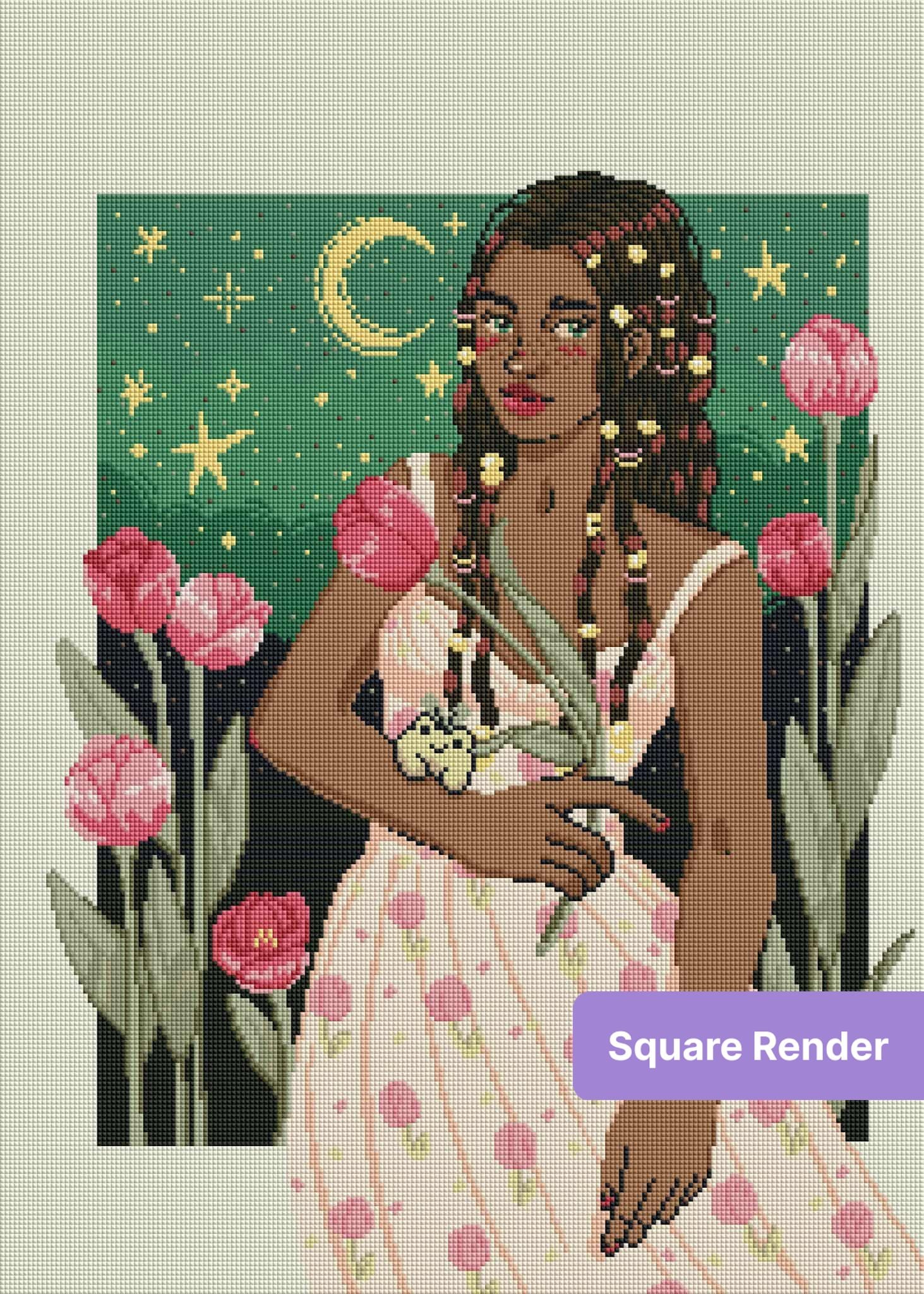 Illustrated girl in floral dress with braids, pink tulips, and starry night background
