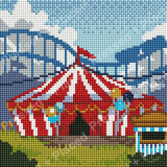 Colorful circus big top with fairground booths and a bright sky in diamond art style