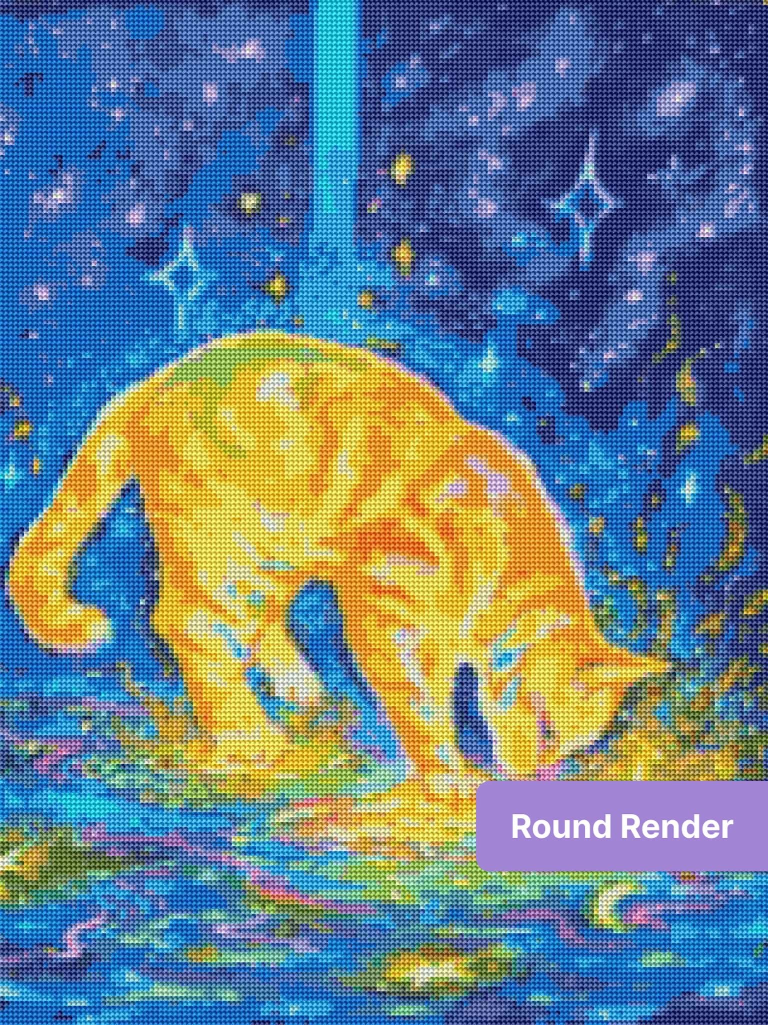 Glowing orange cat in a neon galaxy scene with stars and swirling water