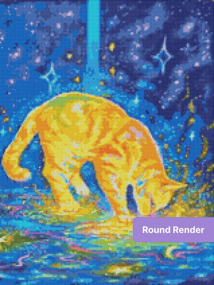Glowing orange cat in a neon galaxy scene with stars and swirling water