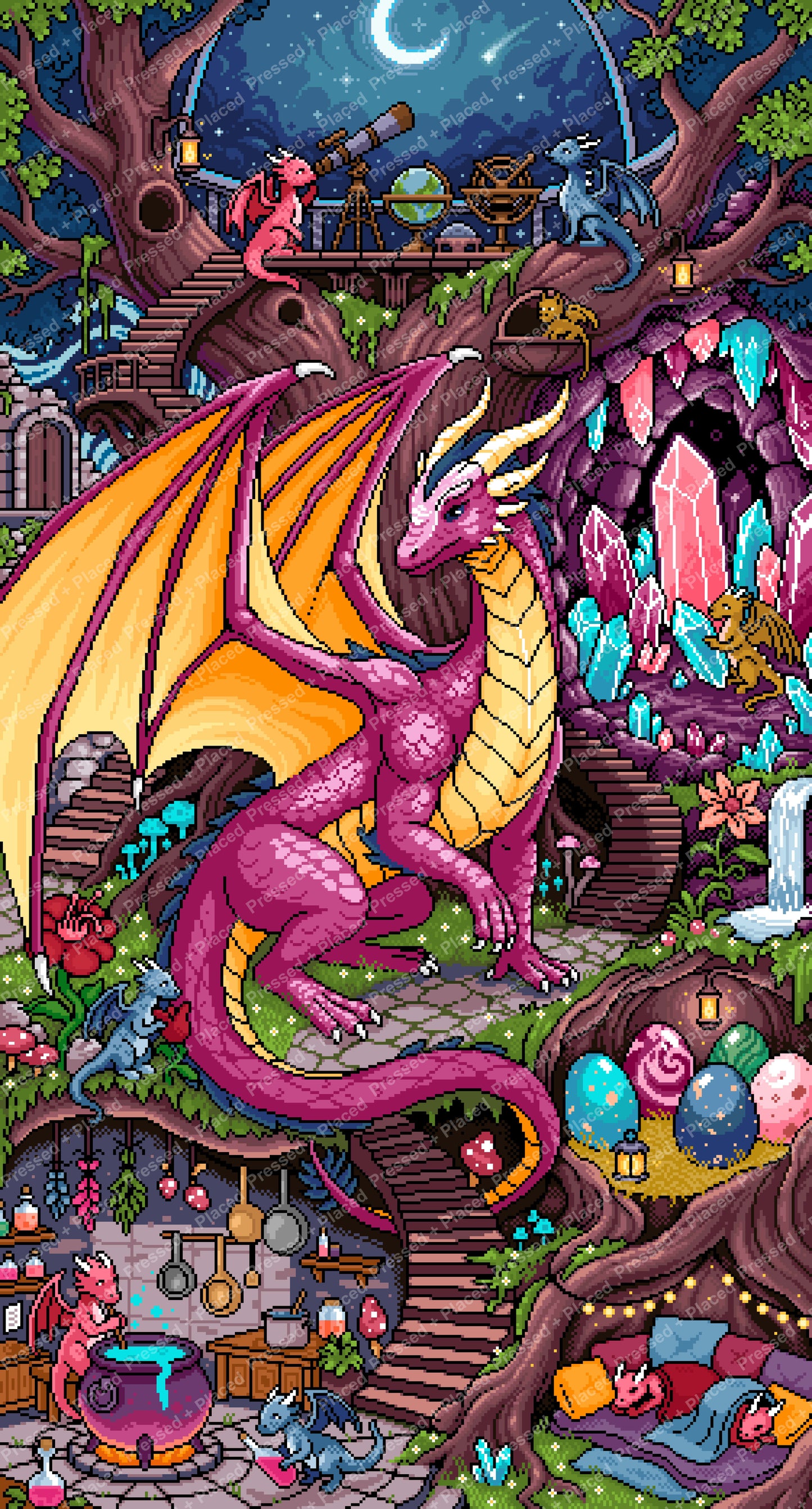 Pink fantasy dragon in an enchanted crystal cave with lanterns and tiny dragons